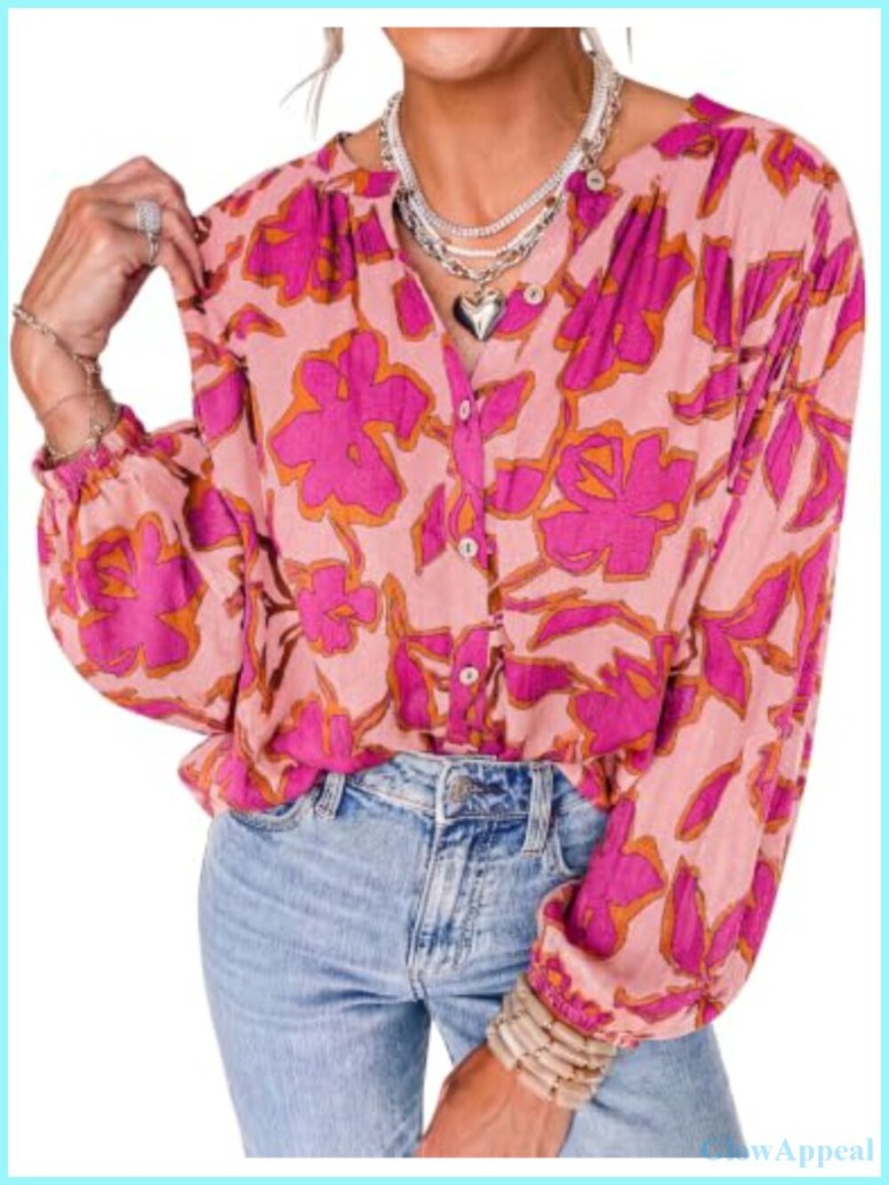 Women's Boho Floral Button Down Blouse Long Sleeve Balloon Sleeve